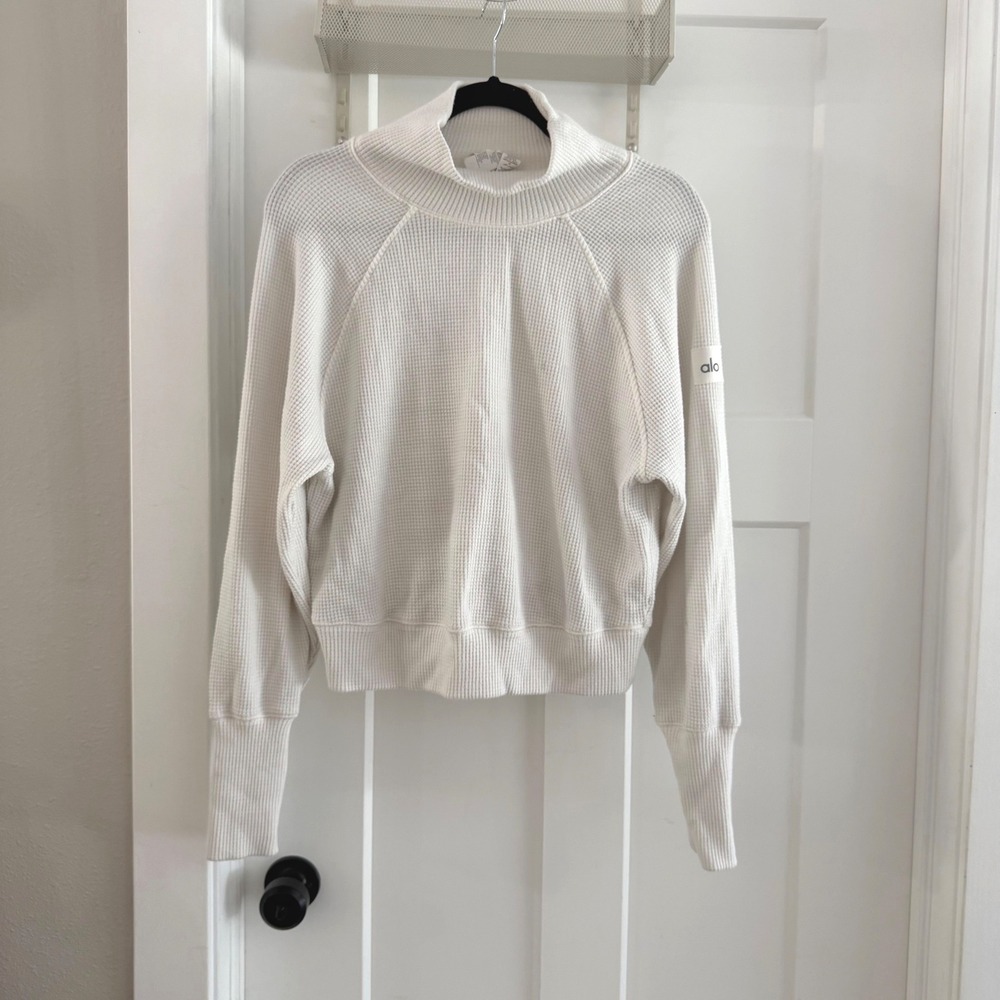 Alo Yoga Women White Waffle Knit Mock Neck Cropped Pullover Sweater XS
